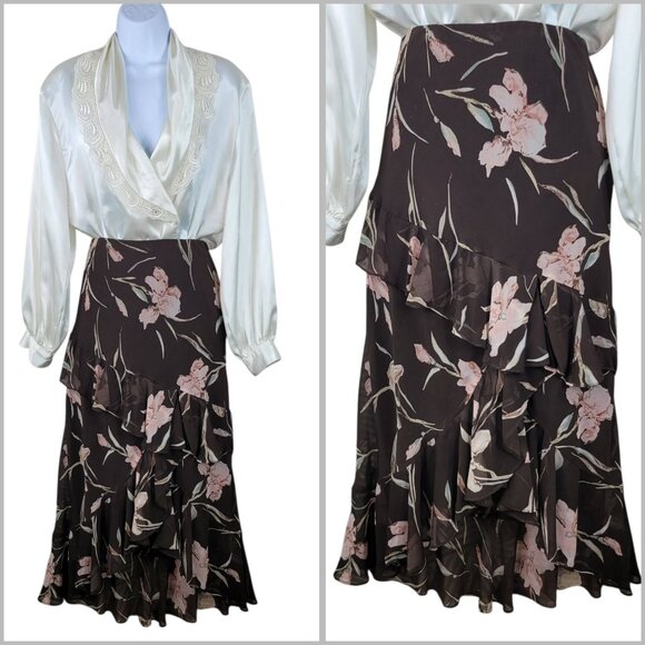 Chaps Floral Skirt Large Ruffle Ralph Lauren Romantic Brown Pink Elastic Waist - Picture 1 of 8